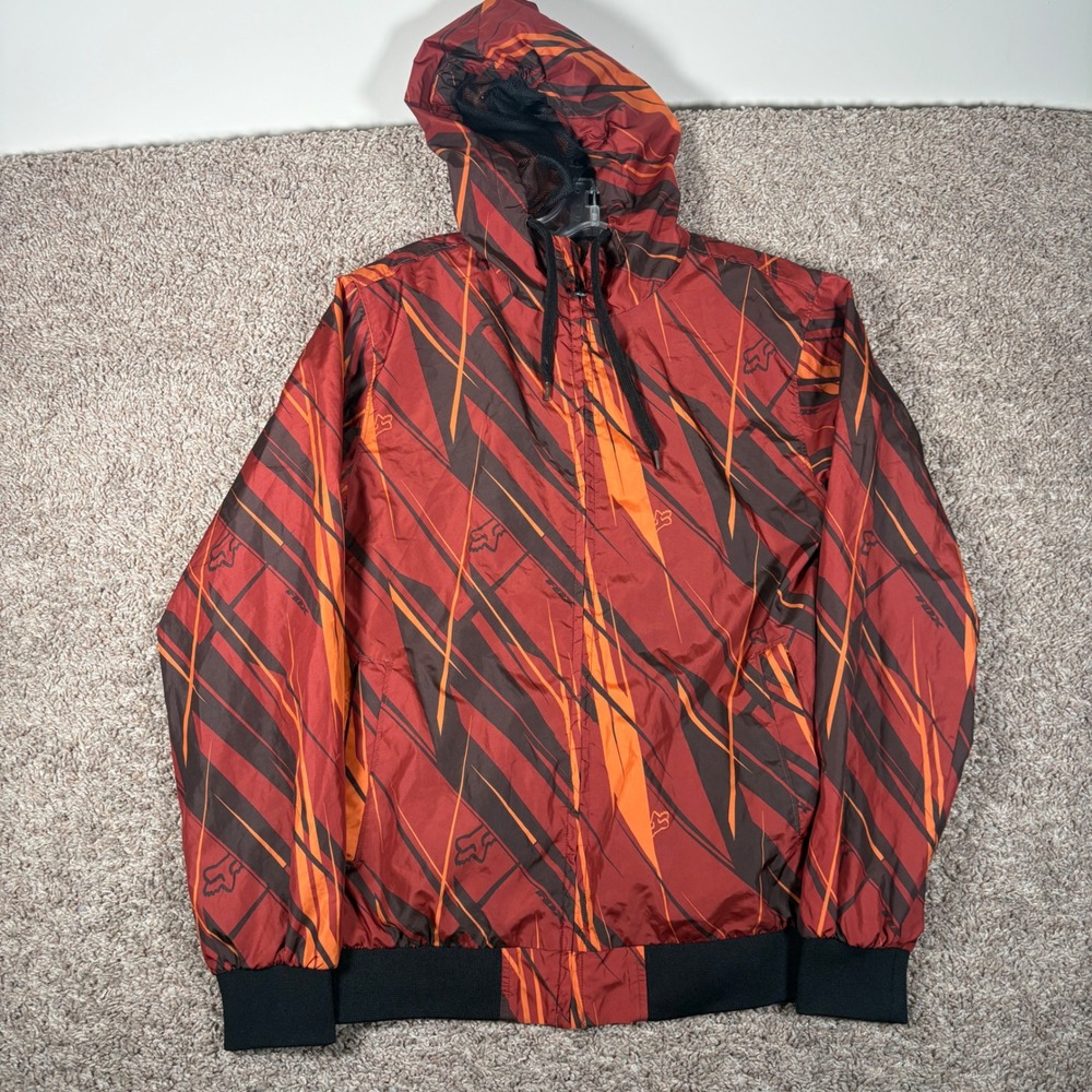 Fox Racing‎ Mens Red Orange Slash Print Hooded Full Zip Mesh Lined Windbreaker S